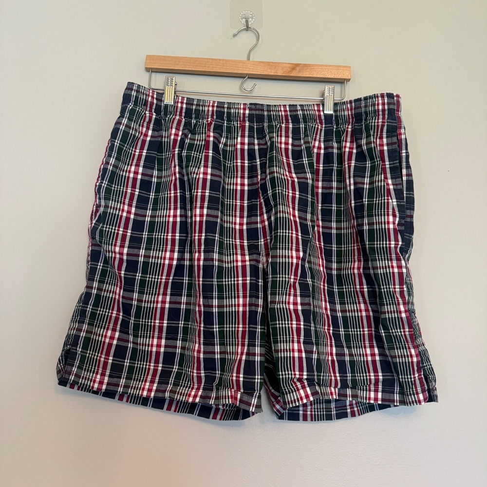 VTG Trader Bay Mens XL Plaid Swim Trunks Red Navy Green Cotton Mesh Liner Shorts